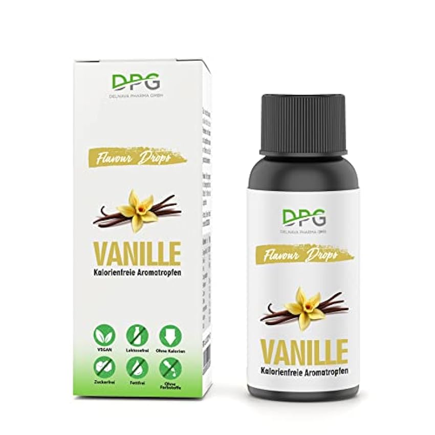 DPG Vanilla Flavour Drops - Gotas aromáticas de sucralosa con sabor a vainilla para batidos, bebidas, café, pasteles y waffles sin azúcar, sin grasa, sin lactosa y vegano, 30 ml f89awLrP
