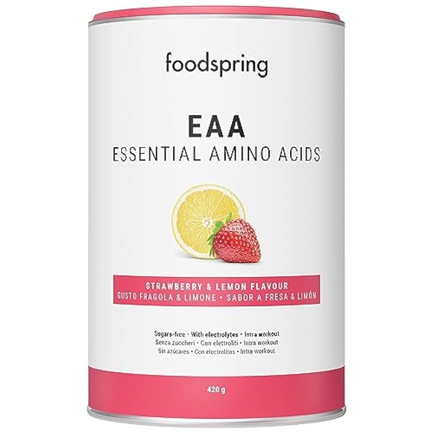 foodspring EAA Aminoácidos Esenciales en Polvo con Electrolitos para el desarrollo muscular - sin azúcar (420g | 30 porciones | 1 cuchara dosificadora = 14g | Fresa y Limón) cBO92kyM