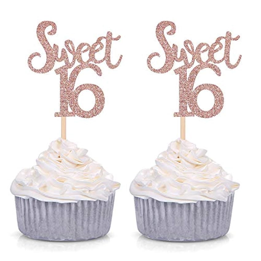 Giuffi - Juego de 24 adornos para cupcakes con purpurina de oro rosa, 16 cumpleaños bs972kL5