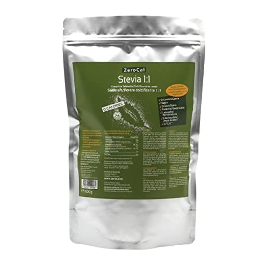 ZeroCal - Edulcorante Stevia + Eritritol 1:1 - 1 Kg | 1g = 1g de azúcar | Apto Dietas Keto y Cetogénicas | Granulado | Cero Calorías | Indice Glucémico = 0 | Sustituto de Azúcar DePhRQVp