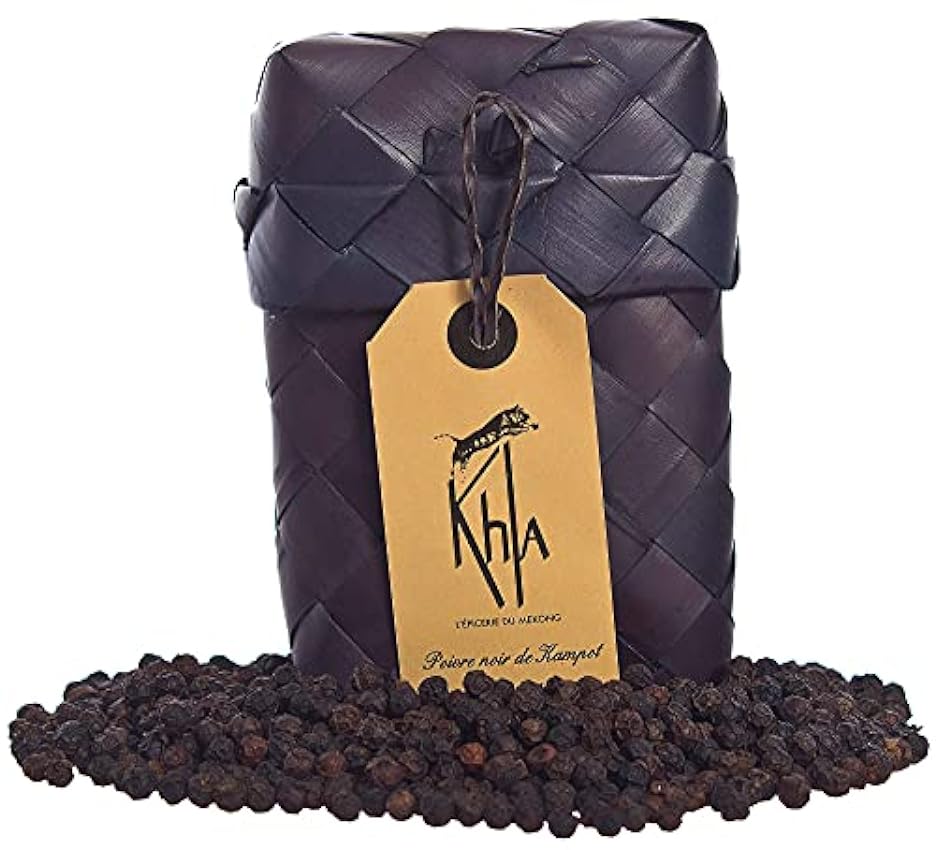 KHLA - Pimienta negra de Kampot Premium IGP - 50 g - Pimienta en Grano en Sobre - Embalaje Tradicional en Hojas de Palma 06hCOoMQ