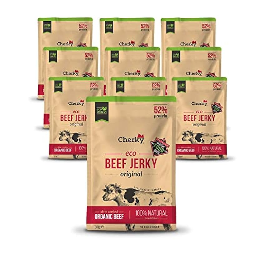 Cherky ECO Beef Jerky BIO Original, 10 x 30g - Fina cecina BIO de ternera española BIO alimentada con pasto, ceto, sin aditivos, sin ingeniería genética, certificado BIO 82onl4bK