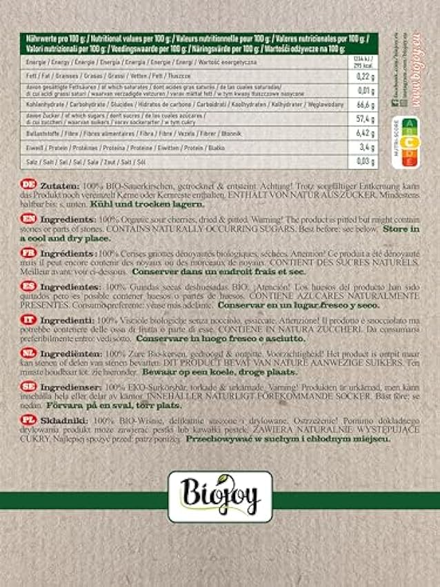 Biojoy Guindas deshidratadas BÍO (1 kg), sin hueso sin azufre y sin azúcar dQP21vrU