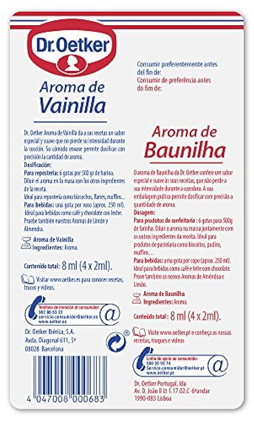 DR. OETKER Aroma de Vainilla, Esencia de Vainilla Especial para Repostería y Bebidas - Pack de 4 frascos monodosis de 2ml cada uno (Cantidad Total 8ml) (Paquete de 2) c7XVqPac