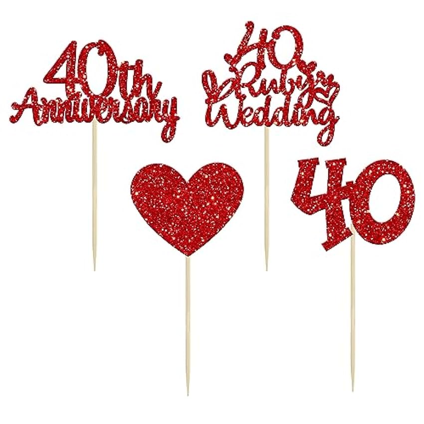 Gyufise 24 adornos para cupcakes de 40 aniversario, decoración para tartas de corazón de rubí, boda, aniversario, decoración de pastel de corazón para 40 años y suministros de fiesta de celebración de 92WuL0St