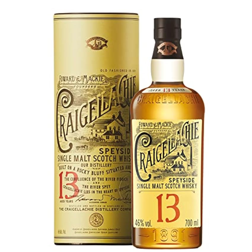 Craigellachie 13 Años Speyside Scotch Single Malt Whisky con estuche de regalo, Whisky terminado en barricas de jerez y bourbon, 46 % vol., 70 cl / 700 ml C8pNtNgO