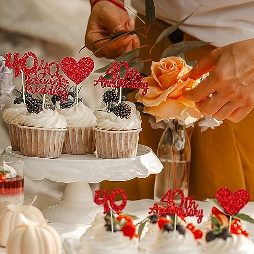 Gyufise 24 adornos para cupcakes de 40 aniversario, decoración para tartas de corazón de rubí, boda, aniversario, decoración de pastel de corazón para 40 años y suministros de fiesta de celebración de 92WuL0St