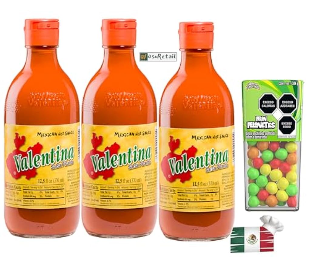 OsoRetail 3x 370 ml botellas de salsas Valentina etiqueta roja con regalo de chuches Pelonetes Tamarindo de México 3LAMakl3