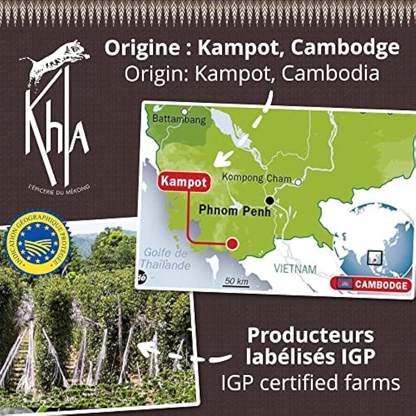 KHLA - Pimienta negra de Kampot Premium IGP - 50 g - Pimienta en Grano en Sobre - Embalaje Tradicional en Hojas de Palma 06hCOoMQ